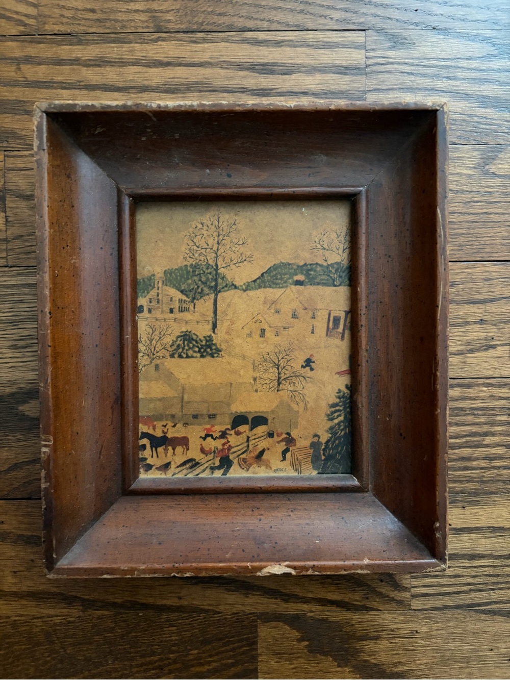 Vintage Grandma Moses Small Wood Framed Print Primitive Americana Winter Farm